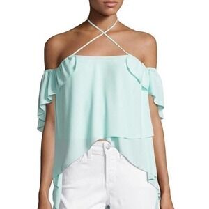 Cinq A Sept Carla Cold-Shoulder Crossover Halter Top in Aruba Light Aqua Blue